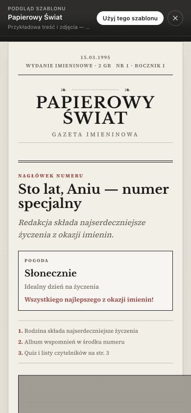 Mobilny podgląd przykładowej strony imieninowej Papierowy Świat