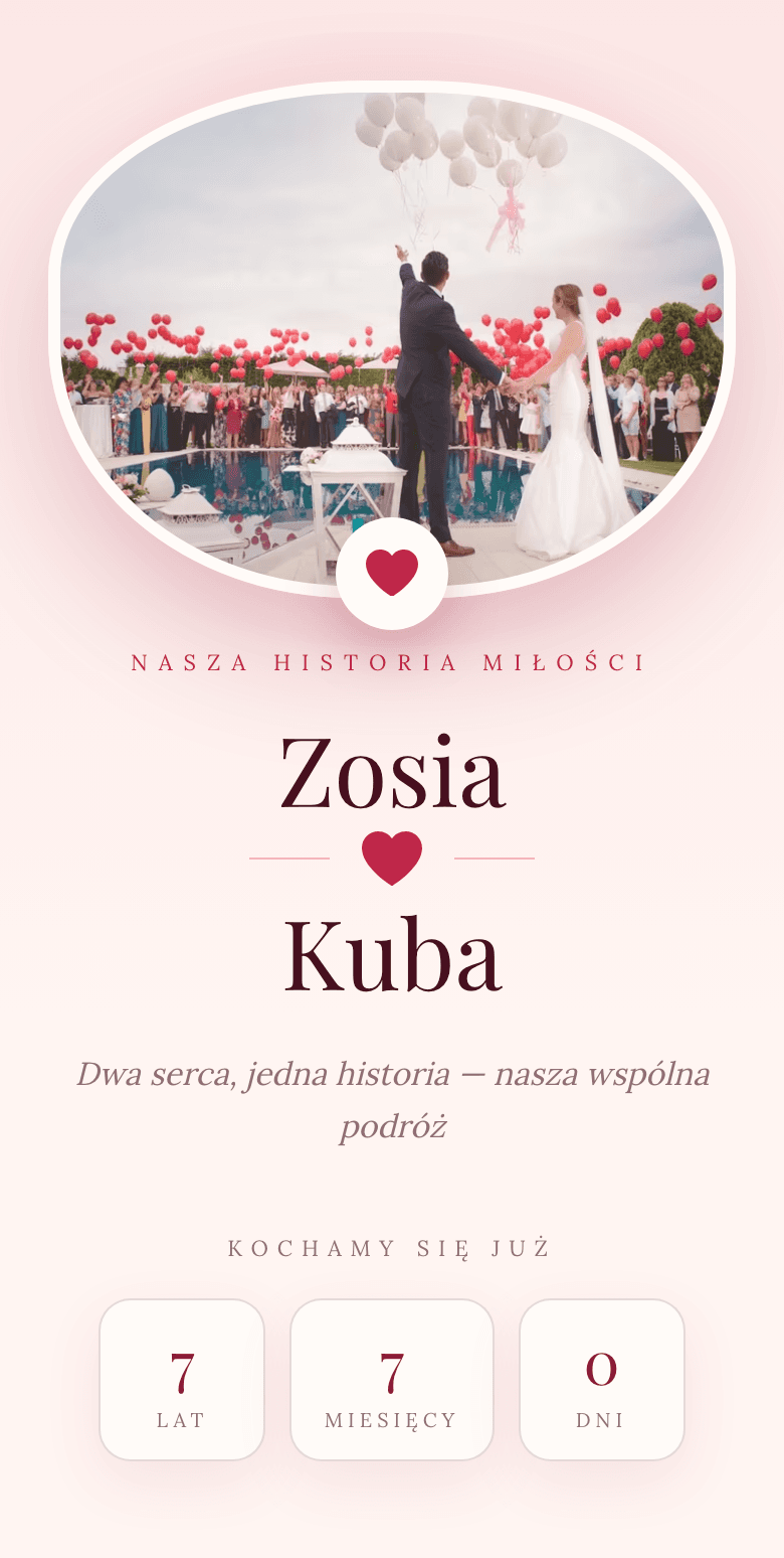Miłosna strona Zosi i Kuby ze zdjęciem pary młodej, sercami i licznikiem wspólnego czasu w szablonie Dwa Serca